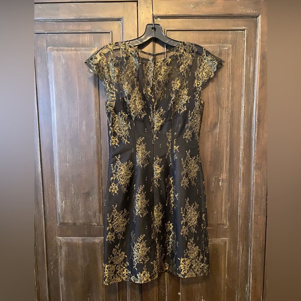 Monique Lhuillier gold and black lace mini dress. Size 2.